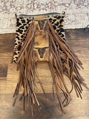 Western Fringe Leather Crossbody Leopard & Cowhide Bull Skull Bag.
